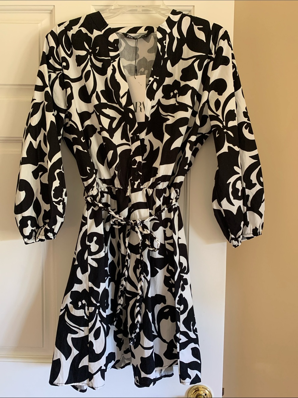 Zara Black and White Floral Tie-Waist Mini Dress